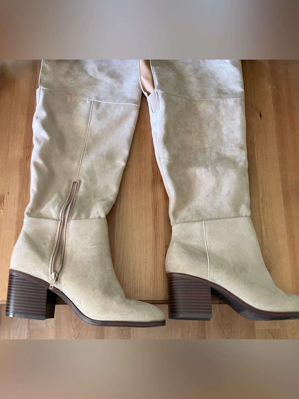 NWOT Time & Tru Women's Above Knee-High Suede Block Heel Boots Beige Size 10